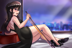 Size: 800x534 | Tagged: safe, artist:tzc, derpibooru import, octavia melody, human, anime, backless, bare shoulders, bow (instrument), cello, clothes, dress, female, high heels, humanized, legs, little black dress, looking back, musical instrument, open mouth, profile, schrödinger's pantsu, shoes, sitting, sleeveless, solo, thighs