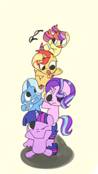 Size: 1080x1920 | Tagged: safe, artist:andromedasparkz, moondancer, starlight glimmer, sunset shimmer, trixie, twilight sparkle, twilight sparkle (alicorn), alicorn, pony, unicorn, chibi, counterparts, cute, dancerbetes, diatrixes, falling, female, filly, filly moondancer, filly starlight glimmer, filly sunset shimmer, filly trixie, filly twilight sparkle, glasses, glimmerbetes, jenga, looking down, looking up, magical quartet, magical quintet, magical trio, mare, one eye closed, open mouth, pony pile, shimmerbetes, simple background, tower of pony, twiabetes, twilight's counterparts, white background, younger