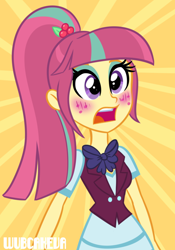 Size: 700x1000 | Tagged: safe, artist:wubcakeva, sour sweet, equestria girls, clothes, crystal prep academy uniform, crystal prep shadowbolts, female, flustered, open mouth, school uniform, solo, sunburst background