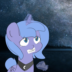 Size: 1600x1600 | Tagged: safe, artist:c0pter, princess luna, alicorn, pony, crying, cute, female, filly, hug request, lunabetes, mouth hold, night, sad, sign, solo, starry night, stars, woona, younger