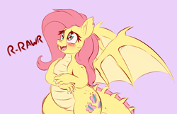 Size: 1933x1245 | Tagged: safe, artist:graphene, derpibooru import, fluttershy, dragon, blushing, cute, dragonified, ear fluff, fangs, female, flutterdragon, looking up, open mouth, pink background, rawr, shy, shyabetes, simple background, smiling, solo, species swap, spread wings, weapons-grade cute, wings