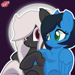 Size: 2000x2000 | Tagged: source needed, safe, artist:ribiruby, oc, oc only, oc:midnight ruby, oc:sapphire nebula, bat pony, pegasus, pony, bat pony oc, colored pupils, comments locked on derpi, cuddling, cute, cute little fangs, fangs, feels, female, full moon, green eyes, long mane, looking at each other, mare, memorial, moon, ocbetes, purple background, rest in peace, simple background, smiling, wings
