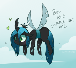 Size: 1553x1387 | Tagged: safe, artist:dsp2003, artist:tjpones, queen chrysalis, changeling, changeling queen, insect, pony, collaboration, blushing, cloud, colored, cute, cutealis, dsp2003 is trying to murder us, fangs, female, floppy ears, flying, heart, hug, hug request, hugs 4 bugs, mare, single panel, sketch, solo, tjpones is trying to murder us