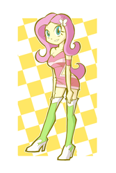 Size: 800x1200 | Tagged: safe, artist:rvceric, fluttershy, equestria girls, boots, breasts, cleavage, clothes, cute, female, high heel boots, miniskirt, race queen, shoes, shyabetes, skirt, smiling, solo