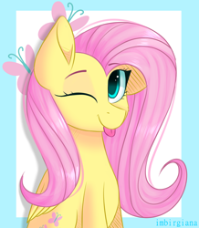 Size: 2436x2800 | Tagged: safe, artist:imbirgiana, derpibooru import, fluttershy, pegasus, pony, :p, cute, female, looking at you, mare, one eye closed, shyabetes, silly, sitting, smiling, solo, tongue out, wink