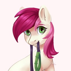 Size: 2000x2000 | Tagged: safe, roseluck, earth pony, pony, bust, chest fluff, collar, cute, digital art, ear fluff, female, leash, lightly watermarked, looking at you, mare, mouth hold, pink background, pony pet, rosepet, simple background, solo, watermark