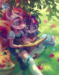 Size: 1771x2244 | Tagged: safe, artist:holivi, princess cadance, twilight sparkle, alicorn, anthro, unicorn, apple, apple tree, backpack, book, bow, clothes, cute, cutedance, daaaaaaaaaaaw, duo, female, filly, filly twilight sparkle, food, grass, mary janes, pleated skirt, shirt, shoes, skirt, socks, teen princess cadance, thigh highs, tree, twiabetes, weapons-grade cute, younger, zettai ryouiki