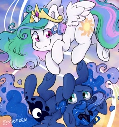 Size: 610x647 | Tagged: safe, artist:midnightpremiere, princess celestia, princess luna, alicorn, pony, crown, cute, duality, duo, female, filly, jewelry, looking at you, mare, regalia, royal sisters, sisters, smiling, underhoof, woona, younger