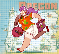 Size: 1280x1184 | Tagged: safe, artist:secretgoombaman12345, diamond tiara, human, ask chubby diamond, chubby, humanized, luggage, luggage stickers, oregon, sandals, smiling, solo, suitcase, tan lines