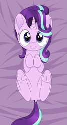 Size: 1121x2105 | Tagged: safe, artist:noosa, starlight glimmer, pony, unicorn, bed, blanket, c:, cute, dock, female, frog (hoof), glimmerbetes, legs in air, looking at you, mare, on back, smiling, solo, underhoof