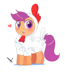 Size: 2500x2800 | Tagged: safe, artist:mrscurlystyles, scootaloo, pegasus, pony, animal costume, blushing, chicken suit, clothes, costume, covered wings, cute, cutealoo, female, filly, happy, heart, looking at you, open mouth, scootachicken, signature, simple background, smiling, solo, white background