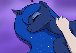 Size: 1063x742 | Tagged: safe, artist:doublewbrothers, edit, princess luna, alicorn, human, pony, beautiful, cropped, cute, daaaaaaaaaaaw, disembodied hand, eyes closed, female, gradient background, hand, hnnng, lunabetes, mare, offscreen character, petting, pov, precious, smiling, sweet dreams fuel