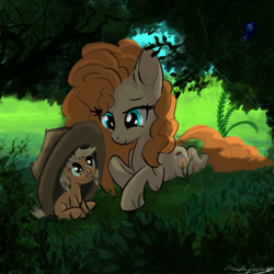 Size: 3000x3000 | Tagged: safe, artist:malajahr, derpibooru import, applejack, pear butter, earth pony, pony, spider, star spider, arachnid, babyjack, brush, cowboy hat, cute, daughter, female, filly, filly applejack, foal, foliage, grass, hat, jackabetes, lying, lying in grass, mare, mlem, mom, mother and child, mother and daughter, motherly, oversized hat, parent and child, pearabetes, raspberry, relief, relieved, silly, sitting, sky, spider web, tongue out, tree, weapons-grade cute, younger