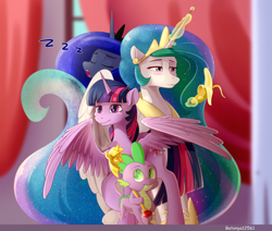 Size: 3236x2738 | Tagged: safe, artist:batonya12561, princess celestia, princess luna, spike, twilight sparkle, twilight sparkle (alicorn), alicorn, dragon, pony, alicorn triarchy, banana, bananalestia, eyes closed, female, food, glowing horn, group, group photo, high res, magic, majestic as fuck, male, mare, scepter, sleeping, telekinesis, twilight scepter, wings, zzz