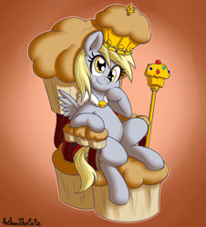 Size: 2140x2363 | Tagged: safe, artist:anibaruthecat, derpy hooves, pegasus, pony, crown, female, food, gradient background, jewelry, mare, muffin, muffin queen, queen, regalia, sitting, smiling, solo, throne, throne slouch