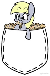 Size: 660x1000 | Tagged: safe, artist:typhwosion, derpy hooves, pegasus, pony, eating, female, food, mare, muffin, pocket, pocket pony, raised hoof, simple background, smiling, solo, white background