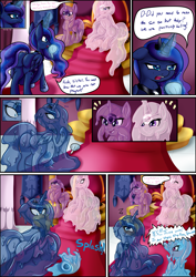 Size: 2893x4092 | Tagged: safe, artist:novaspark, princess celestia, princess luna, trixie, twilight sparkle, twilight sparkle (alicorn), alicorn, goo, goo pony, original species, pony, birth, comic, dialogue, dock, melting, plot, slime, sweat, transformation