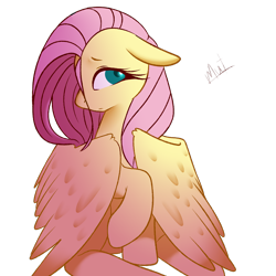 Size: 1920x1920 | Tagged: safe, artist:mutekiki, derpibooru import, fluttershy, pegasus, pony, covering, cute, female, floppy ears, head turn, looking at you, mare, profile, raised hoof, shyabetes, signature, simple background, sitting, solo, stray strand, transparent background, wing covering