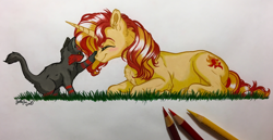 Size: 3956x2047 | Tagged: safe, artist:emberslament, artist:gaelledragons, sunset shimmer, pony, unicorn, collaboration, blushing, boop, chest fluff, colored pencil drawing, colored pencils, cute, duo, ear fluff, eyes closed, female, happy, litten, lying down, mare, marzae, photo, pokémon, pokémon sun and moon, shimmerbetes, smiling, traditional art