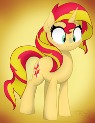 Size: 1939x2500 | Tagged: safe, artist:soctavia, sunset shimmer, butterfly, pony, unicorn, blushing, butterfly on nose, cute, female, gradient background, insect on nose, mare, shimmerbetes, simple background, solo