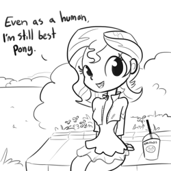 Size: 1280x1280 | Tagged: safe, artist:tjpones, sunset shimmer, equestria girls, best pony, cute, dialogue, drinking straw, female, grayscale, monochrome, shimmerbetes, simple background, sitting, solo, starbucks, truth
