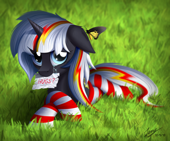 Size: 3000x2500 | Tagged: safe, artist:duskie-06, oc, oc only, oc:velvet remedy, butterfly, pony, unicorn, fallout equestria, clothes, crying, cute, cutie mark, fanfic, fanfic art, featured image, female, floppy ears, flower, grass, hooves, horn, hug request, looking at you, lying down, lying on the ground, mare, mouth hold, on ground, paper, prone, sign, signature, socks, solo, striped socks, sunflower, text