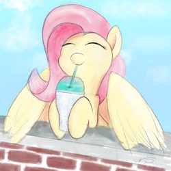Size: 2048x2048 | Tagged: safe, artist:coloringrainclouds, derpibooru import, fluttershy, pegasus, pony, colored sketch, cute, eyes closed, shyabetes, slushie, solo, spread wings, wings