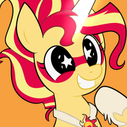 Size: 500x500 | Tagged: safe, artist:wubcakeva, sunset shimmer, pony, unicorn, equestria girls, cute, daydream shimmer, female, grin, happy, mare, raised hoof, shimmerbetes, smiling, solo, starry eyes, wingding eyes