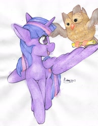 Size: 1280x1648 | Tagged: safe, artist:angelface2006, owlowiscious, twilight sparkle, twilight sparkle (alicorn), alicorn, owl, pony, cute, female, mare, open mouth, scroll, smiling, traditional art, twiabetes, watercolor painting