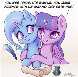 Size: 2680x2659 | Tagged: safe, artist:mrstrats, derpibooru import, trixie, twilight sparkle, twilight sparkle (alicorn), alicorn, pony, unicorn, dialogue, evil twilight, female, friendship threat, inkwell, levitation, magic, quill, scroll, telekinesis