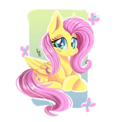 Size: 1280x1280 | Tagged: safe, artist:ask-colorsound, derpibooru import, fluttershy, butterfly, pegasus, pony, behaving like a bird, behaving like a duck, blush sticker, blushing, cute, eye contact, female, folded wings, looking at you, mare, prone, shy, shyabetes, simple background, smiling, solo, three quarter view