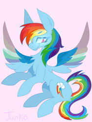 Size: 600x800 | Tagged: safe, artist:junko, derpibooru import, rainbow dash, pegasus, pony, big ears, chest fluff, cute, dashabetes, digital art, ear fluff, female, flying, grin, looking offscreen, mare, paint tool sai, rainbow, side view, simple background, smiling, smirk, solo, spread wings, wings
