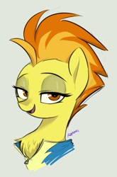 Size: 711x1078 | Tagged: safe, artist:azamiii, derpibooru import, spitfire, pegasus, pony, bedroom eyes, bust, chest fluff, clothes, looking at you, portrait, simple background, solo, uniform, wonderbolts uniform