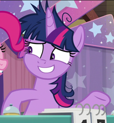 Size: 606x659 | Tagged: safe, derpibooru import, screencap, twilight sparkle, twilight sparkle (alicorn), alicorn, a trivial pursuit, cropped, cute, messy mane, offscreen character, smiling, solo focus, twiabetes