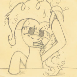 Size: 640x640 | Tagged: safe, artist:hotkinkajou, derpibooru import, pinkie pie, earth pony, pony, bust, female, headache, migraine, pencil drawing, rubbing head, simple background, traditional art