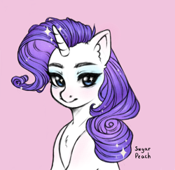 Size: 3010x2927 | Tagged: safe, artist:sugarrrpeach, derpibooru import, rarity, pony, unicorn, bust, chest fluff, cute, ear fluff, eye sparkles, female, high res, mare, pink background, raribetes, simple background, solo, wingding eyes