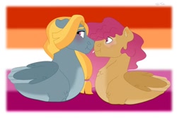 Size: 1280x854 | Tagged: safe, artist:itstechtock, derpibooru import, oc, oc only, oc:autumn storm, oc:hot spot, pony, blushing, boop, female, lesbian, magical gay spawn, mare, noseboop, offspring, offspring shipping, parent:rainbow dash, parent:thunderlane, parent:trenderhoof, parent:zephyr breeze, parents:thunderdash, parents:trenderbreeze, pride flag