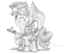 Size: 2981x2475 | Tagged: safe, artist:fladdrarblyg, derpibooru import, pinkie pie, earth pony, pony, swarm of the century, accordion, banjo, cymbals, eyes closed, female, harmonica, mare, monochrome, musical instrument, one-pony band, pencil drawing, proud, scene interpretation, simple background, smiling, solo, sousaphone, tambourine, traditional art, white background