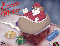 Size: 3300x2550 | Tagged: safe, artist:nekocrispy, oc, oc only, oc:winterlight, pony, awkward, awkward moment, belly, bhm, chimney, christmas, christmas is cancelled, clothes, costume, fat, hat, holiday, impossibly large belly, male, obese, present, santa claus, santa hat, solo, stallion, stuck