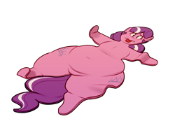 Size: 1280x888 | Tagged: safe, artist:secretgoombaman12345, diamond tiara, earth pony, pony, belly button, cartoon physics, fat, flattened, simple background, solo, tongue out, transparent background