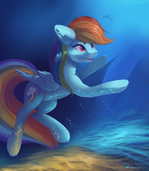 Size: 3491x4000 | Tagged: safe, artist:auroriia, artist:galinn-arts, derpibooru import, rainbow dash, dolphin, pegasus, pony, collaboration, absurd resolution, bubble, crepuscular rays, female, ocean, open mouth, signature, smiling, solo, sunlight, teeth, underwater, water, wings