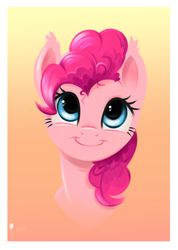 Size: 2235x3142 | Tagged: safe, artist:fladdrarblyg, derpibooru import, pinkie pie, earth pony, pony, bust, cute, diapinkes, ear fluff, female, frame, full face view, high res, looking up, mare, portrait, smiling, solo