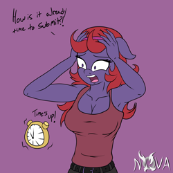 Size: 1500x1500 | Tagged: safe, artist:novaspark, oc, oc only, oc:quick draw, anthro, 30 minute art challenge, alarm clock, armpits, breasts, cleavage, clock, clothes, dialogue, female, flat colors, purple background, simple background, solo, tanktop