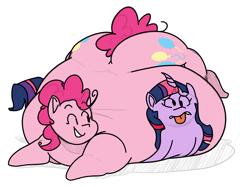 Size: 2384x1786 | Tagged: safe, artist:secretgoombaman12345, color edit, edit, pinkie pie, twilight sparkle, pony, balloonbutt, belly, belly bed, big belly, cartoon physics, chubby cheeks, colored, explicit source, fat, flattened, impossibly large belly, large butt, morbidly obese, obese, piggy pie, plot, pudgy pie, simple background, squashing, tongue out