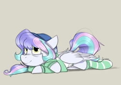 Size: 1000x700 | Tagged: safe, artist:sinrar, derpibooru import, oc, oc only, oc:pixel moon, pegasus, pony, clothes, cute, looking at you, lying down, simple background, sketch, socks, solo, striped socks, tired