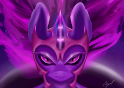 Size: 3508x2480 | Tagged: safe, artist:flaxen's art corner, derpibooru import, twilight sparkle, alicorn, angry, evil, glowing horn, horn, looking at you, magic, solo