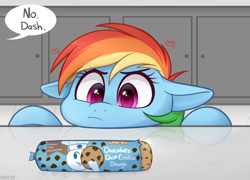 Size: 1500x1080 | Tagged: safe, artist:higglytownhero, derpibooru import, rainbow dash, pegasus, pony, angry, bust, cookie, cookie dough, counter, cross-popping veins, cute, dashabetes, dialogue, eyes on the prize, female, floppy ears, food, mare, offscreen character, pillsbury doughboy, solo, speech bubble, this will end in food poisoning, weapons-grade cute
