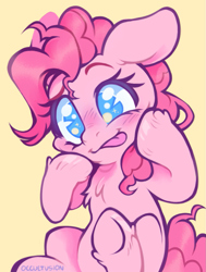 Size: 915x1213 | Tagged: safe, artist:onionpwder, derpibooru import, pinkie pie, earth pony, pony, :p, chest fluff, cute, diapinkes, female, leg fluff, mare, no pupils, simple background, sitting, smiling, solo, tongue out, yellow background