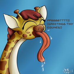 Size: 1500x1500 | Tagged: safe, artist:novaspark, clementine, giraffe, fluttershy leans in, drool, drool string, giraffes doing giraffe things, long tongue, onomatopoeia, raspberry, raspberry noise, silly, smiling, solo, tongue out