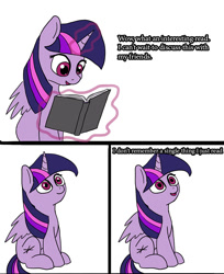 Size: 736x900 | Tagged: safe, artist:slamjam, derpibooru import, twilight sparkle, twilight sparkle (alicorn), alicorn, pony, book, dialogue, female, folded wings, magic, mare, out of character, reading, sitting, solo, telekinesis, text, wings